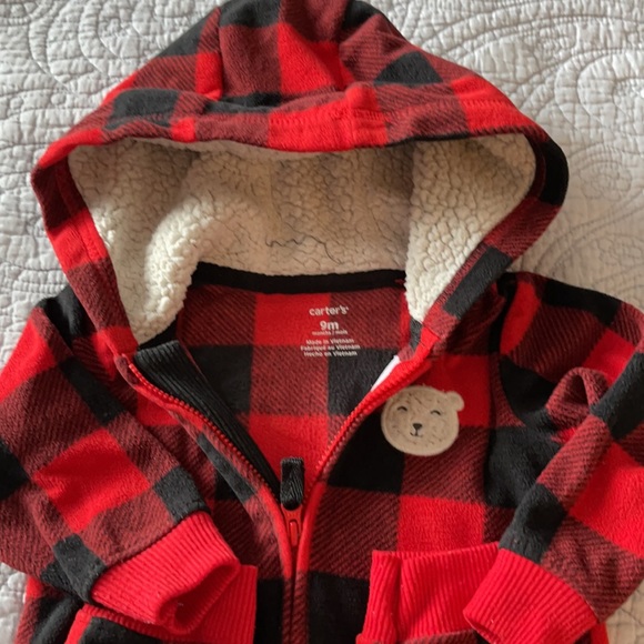 Red and black large check fleece hoodie one Piece. 9 months buffalo check - Picture 5 of 6